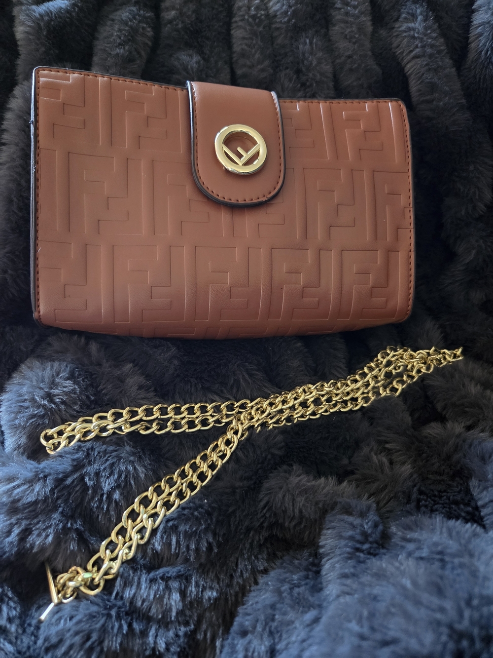 Embroidered Leather Crossbody Bag in Brown with Gold Chain